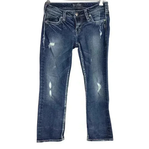 Silver Aiko Women 27 Mid Capri Jeans Blue Cotton Stretch Whiskered Embroidered - Picture 2 of 8